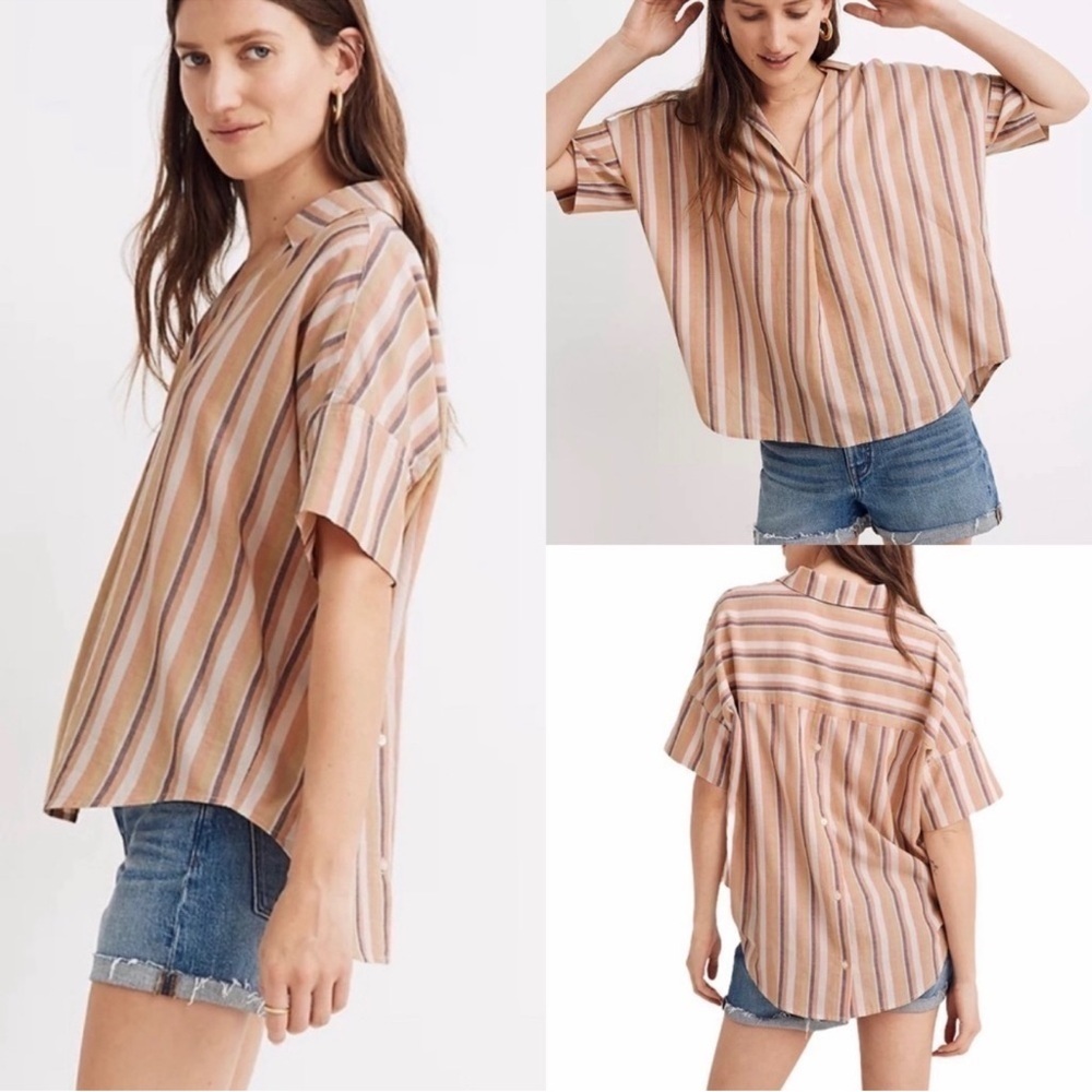 Madewell Women's Courier Short Sleeve Popover Button-Back Shirt, Size XS